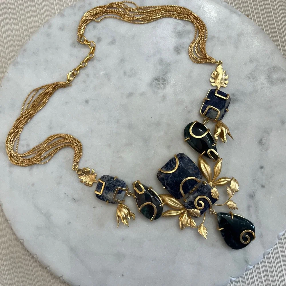 Gemstone Statement Necklace Sodalite Gold Tone‎ Floral Bib Grecian Boho Jewelry